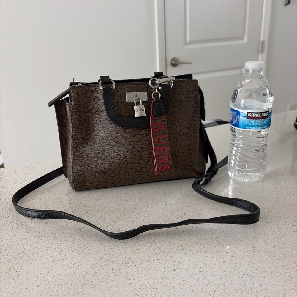 Guess Brown and Black Logo Crossbody Bag with Red Accent - Picture 3 of 11